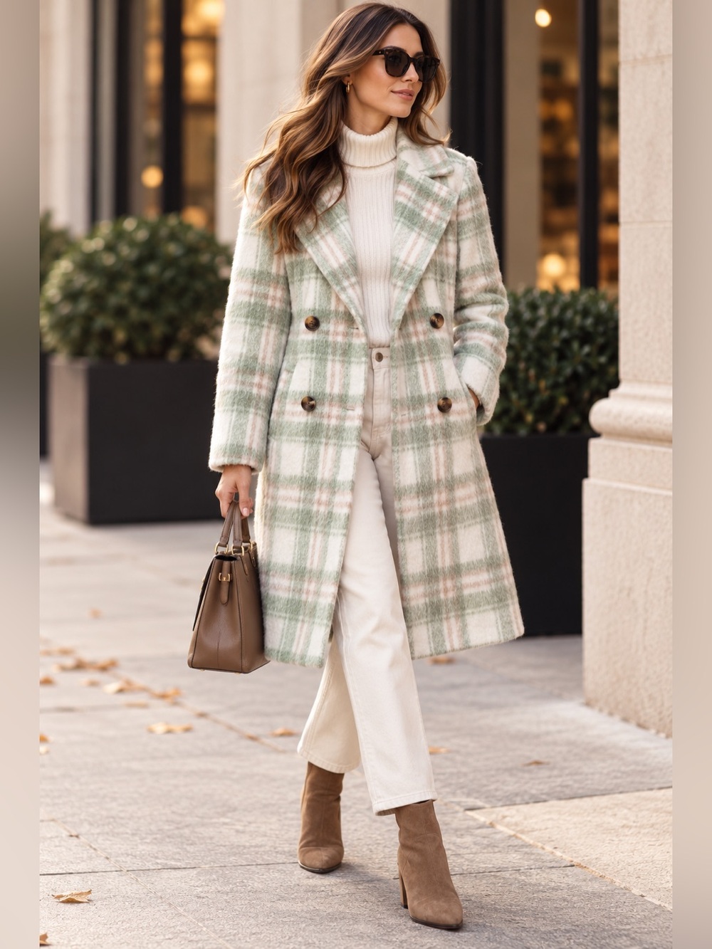 Sam Edelman Pastel Green Plaid Double Breasted Teddy Coat Size 4